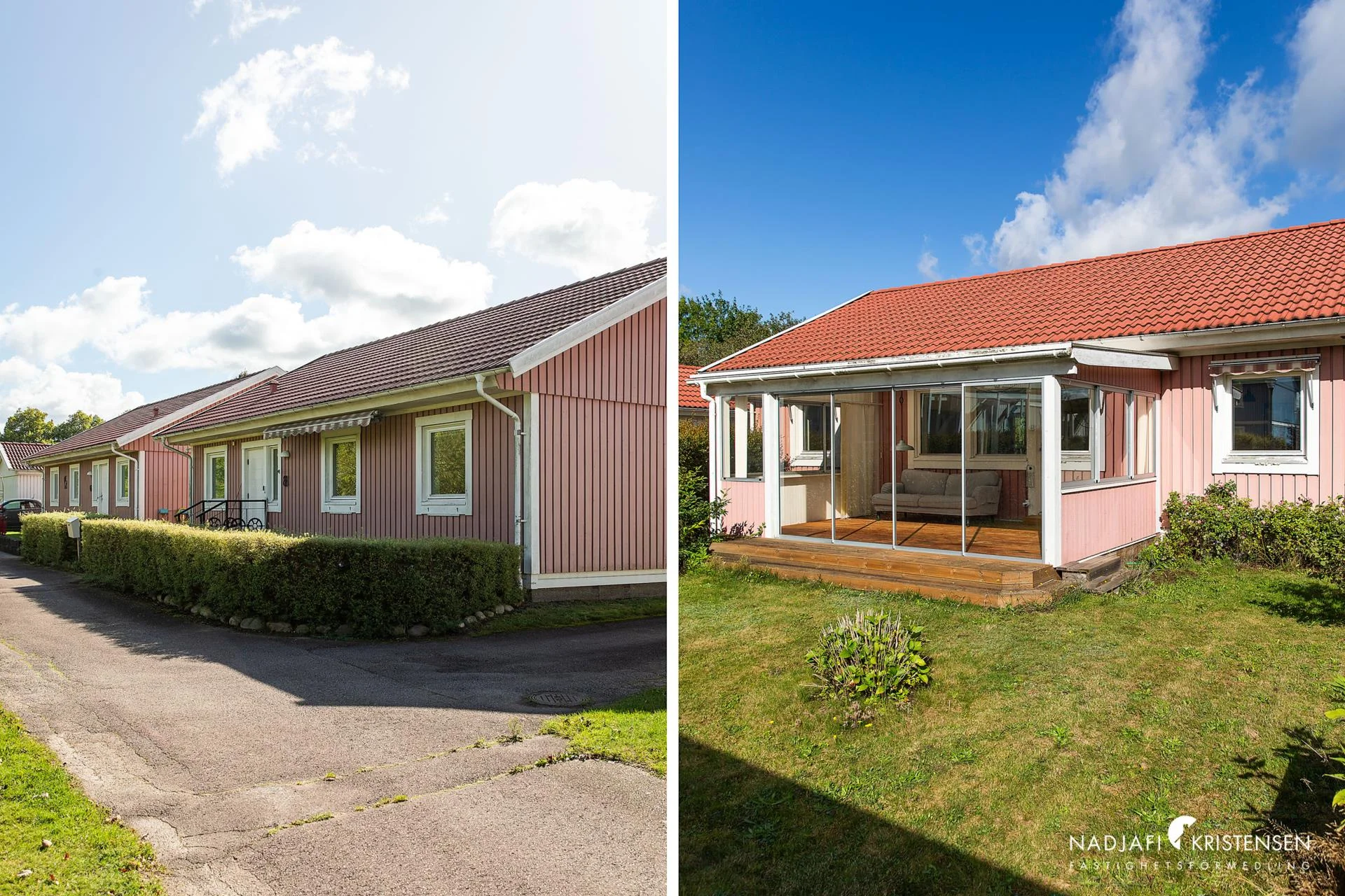 Villakänsla i bostadsrätt – enplanshus på hörntomt med inglasat uterum